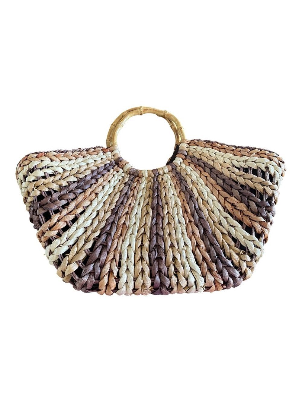 Straw Studios Multi-Neutral Braided Woven Straw Bag Bamboo Handles Bohemian